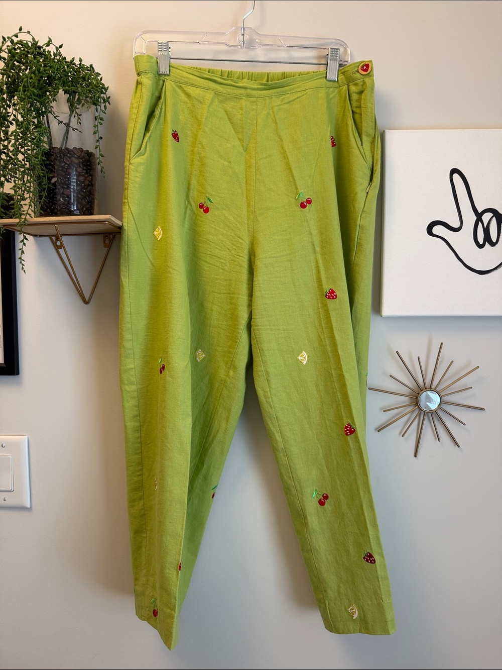 Lime Green Embroidered Fruit Linen Pants